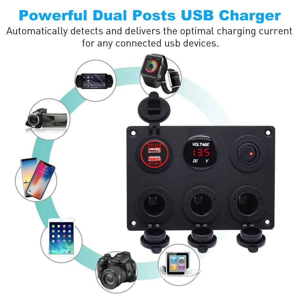 6 Hole Aluminum Automotive Panel with Dual USB Socket, Voltmeter, Power Socket and Toggle Switch