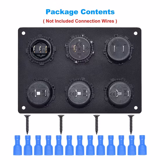 Pannello automobilistico in alluminio a 6 fori con doppia presa USB, voltmetro, presa di alimentazione e interruttore a levetta